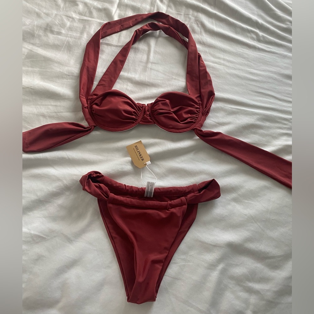 Ruched tie strap bikini cross cross back bustier style top in muted rust red